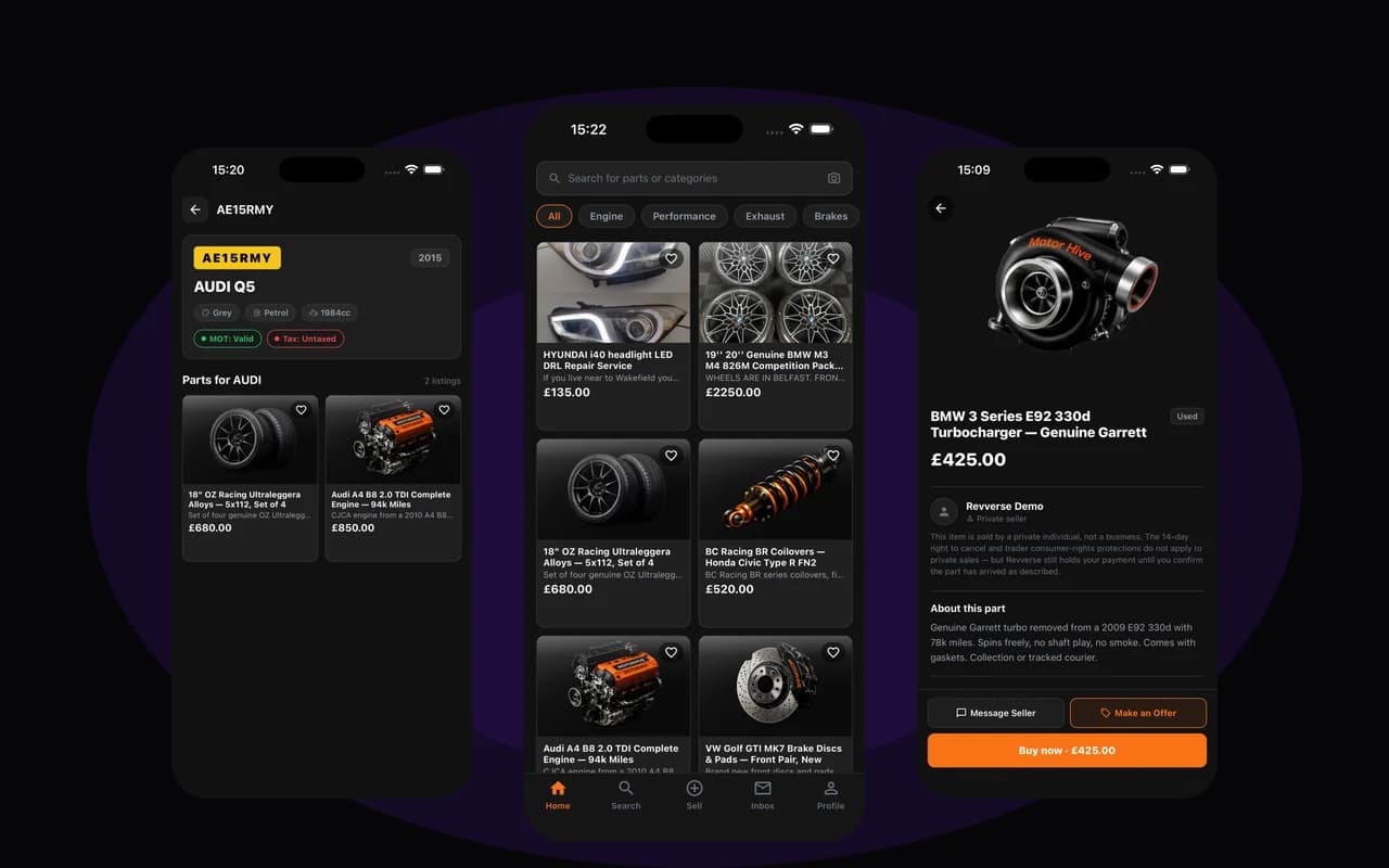 Screenshots of the Revverse iOS app