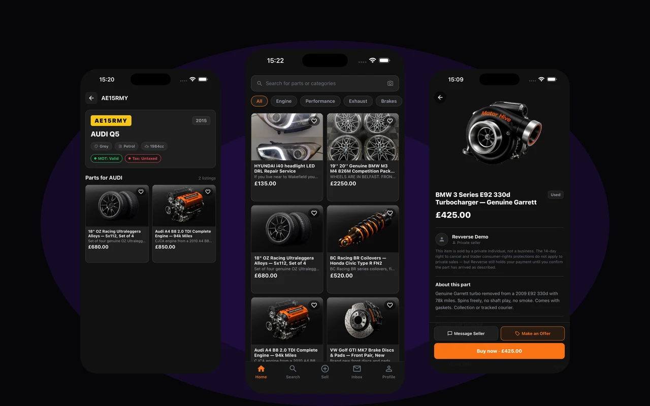 Screenshots of the Revverse iOS app